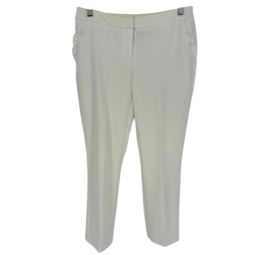 Cynthia Rowley White Pants Women 4 Straight Leg Mid Rise Ruffled Office Trousers